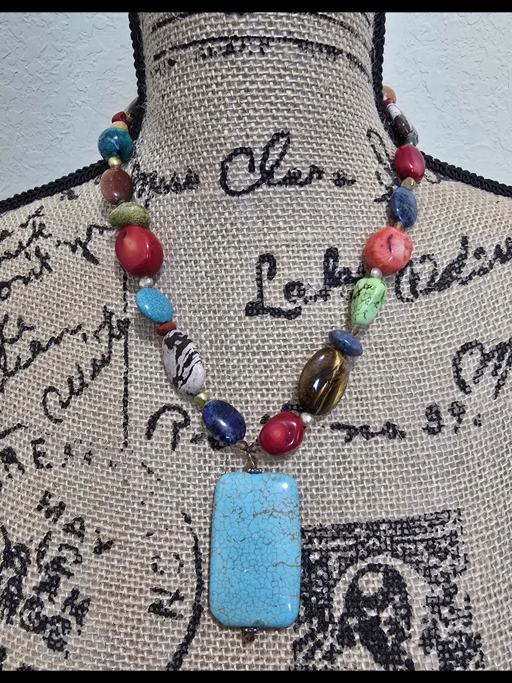 Colorful Mixed-Stone Pendant Necklace with Turquoise Focal